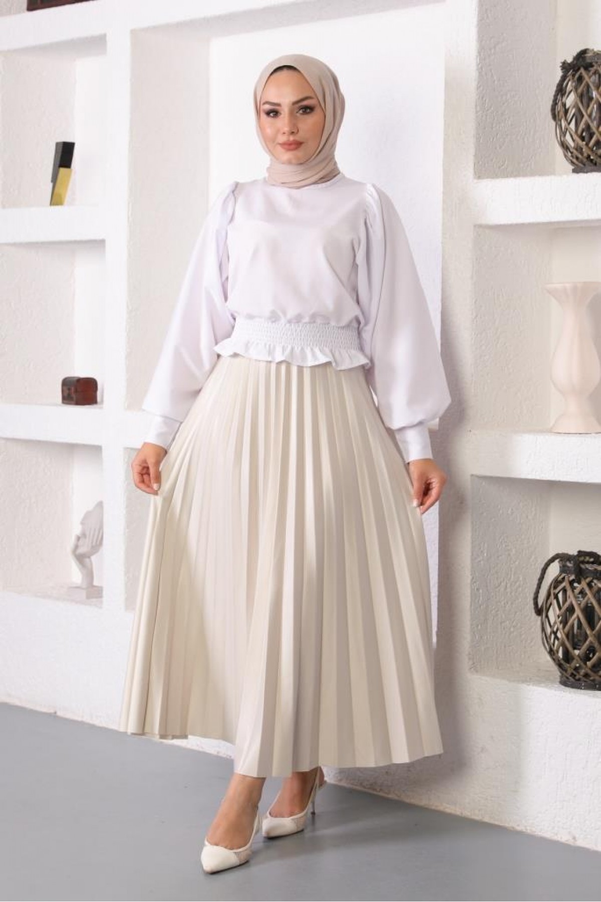 Beli Lastikli Pileli Tesettür Etek Taş 4538 Beli Lastikli Pileli Tesettür Etek Taş 4538