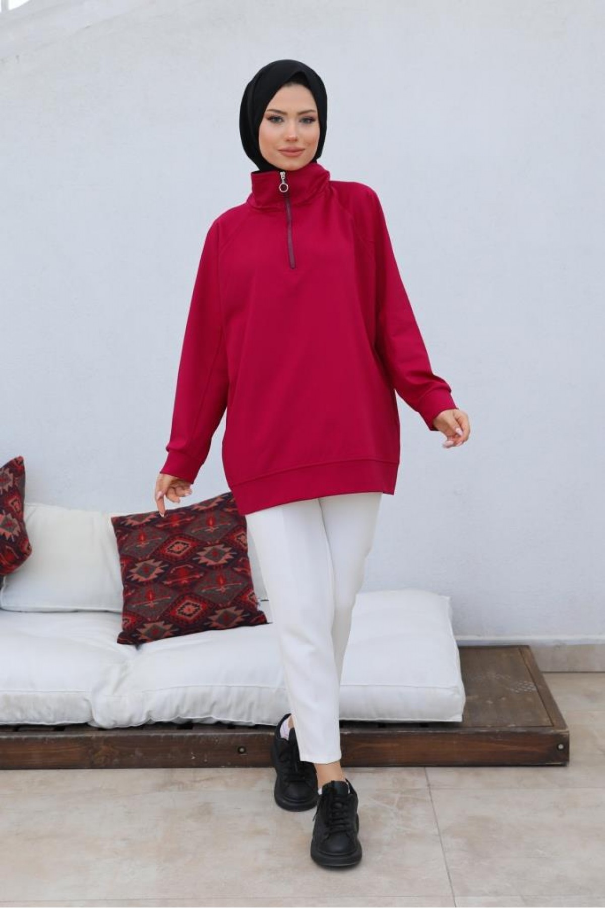Raglan Kol İçi Şardonlu Tesetür Sweatshirt Bordo 10029 Raglan Kol İçi Şardonlu Tesetür Sweatshirt Bordo 10029