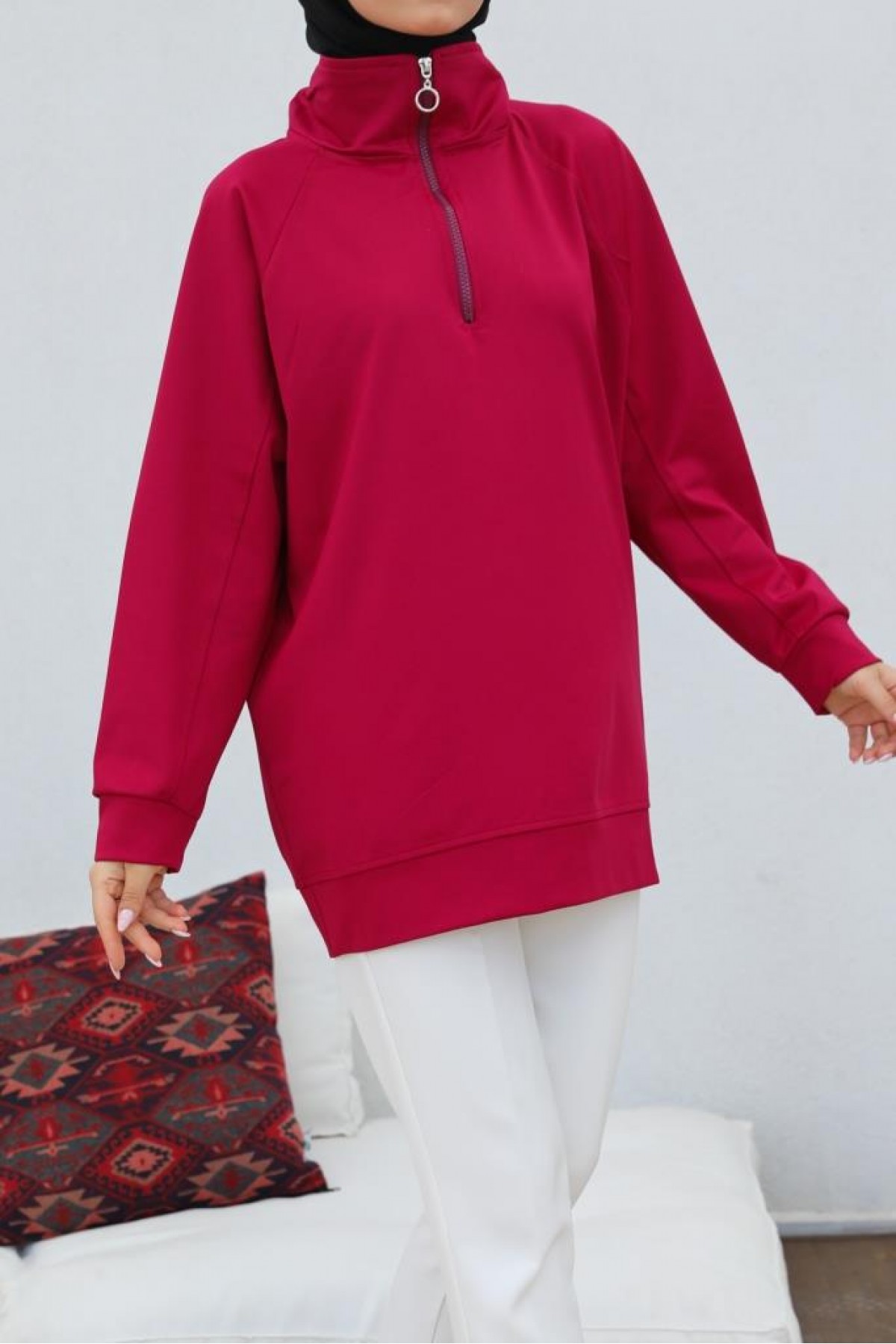 Raglan Kol İçi Şardonlu Tesetür Sweatshirt Bordo 10029 Raglan Kol İçi Şardonlu Tesetür Sweatshirt Bordo 10029