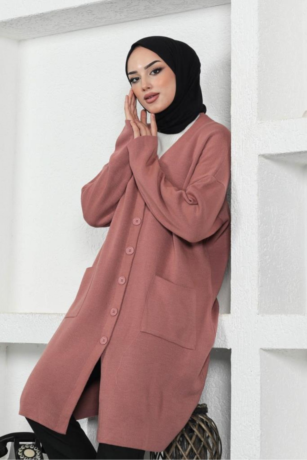 Uzun Triko Hırka Gül Kurusu 2446 Uzun Triko Hırka Gül Kurusu 2446