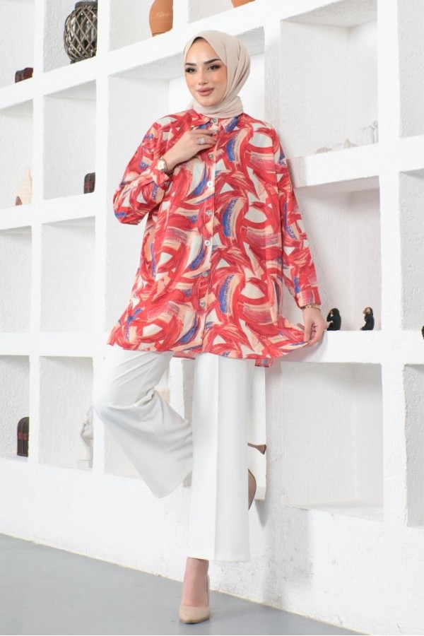  Desenli Tesettür Gömlek Kırmızı 8880