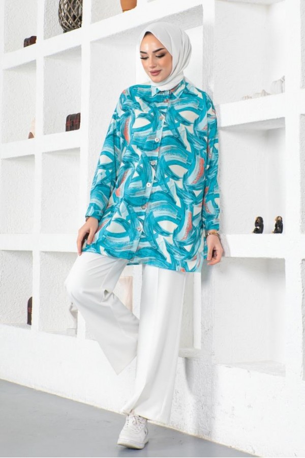  Desenli Tesettür Gömlek Turkuaz 8880