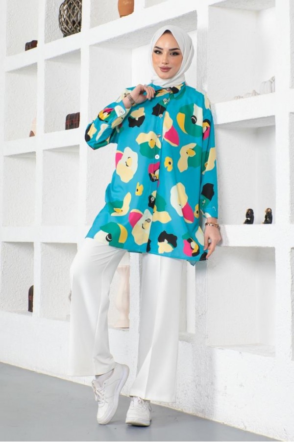 Desenli Tesettür Gömlek Turkuaz 8888 Desenli Tesettür Gömlek Turkuaz 8888