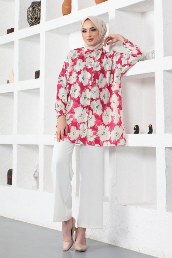 Desenli Tesettür Gömlek Fuşya 8889 Desenli Tesettür Gömlek Fuşya 8889