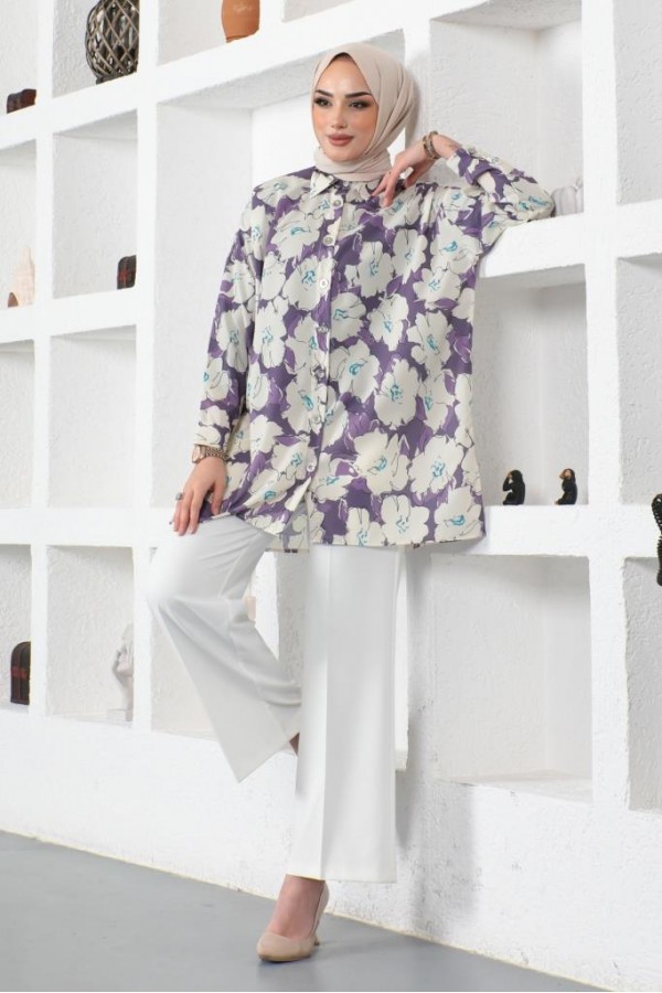  Desenli Tesettür Gömlek Lila 8889