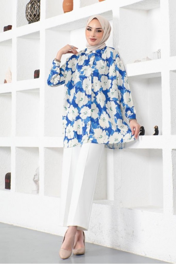  Desenli Tesettür Gömlek Saks Mavisi 8889