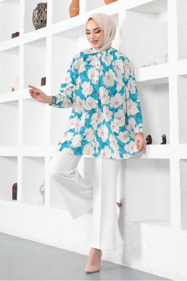 Desenli Tesettür Gömlek Turkuaz 8889 Desenli Tesettür Gömlek Turkuaz 8889