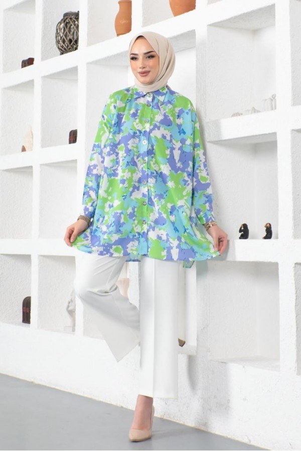  Desenli Tesettür Gömlek Fıstık Yeşili 8890