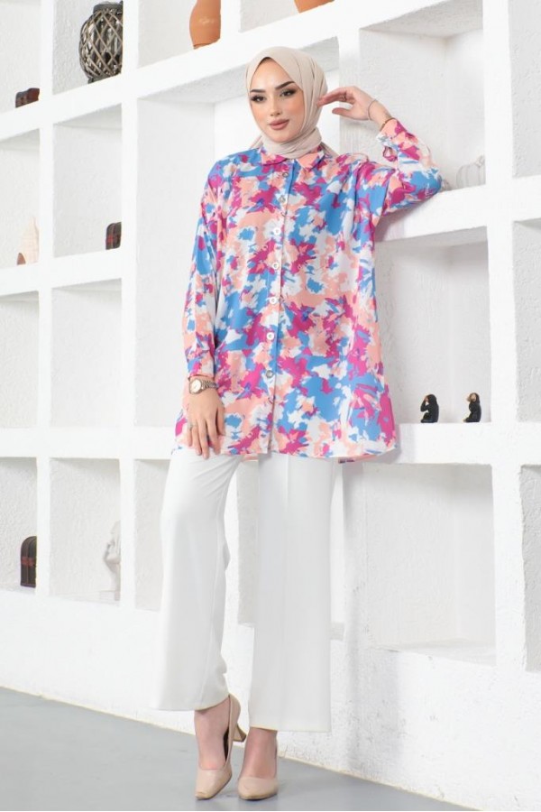  Desenli Tesettür Gömlek Mavi 8890