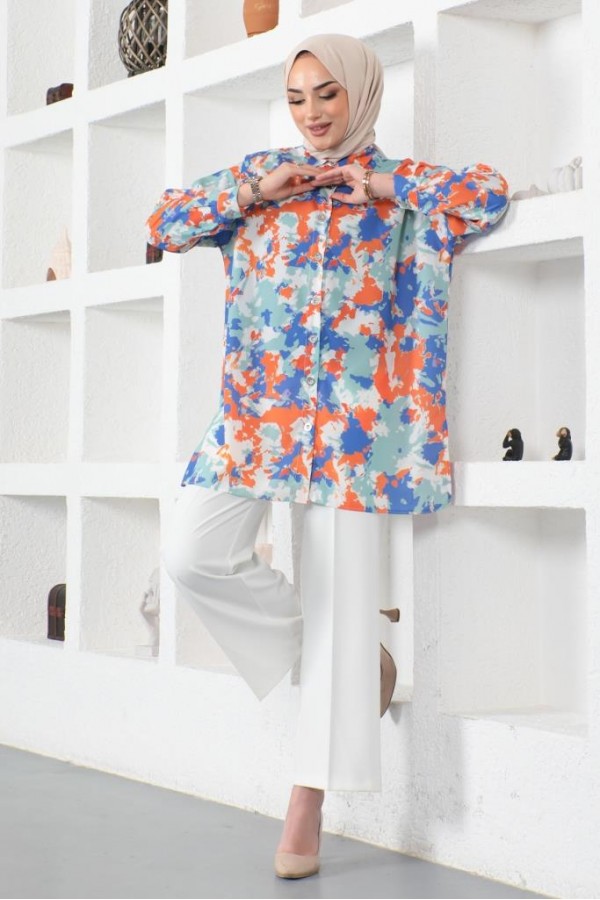 Desenli Tesettür Gömlek Oranj 8890 Desenli Tesettür Gömlek Oranj 8890