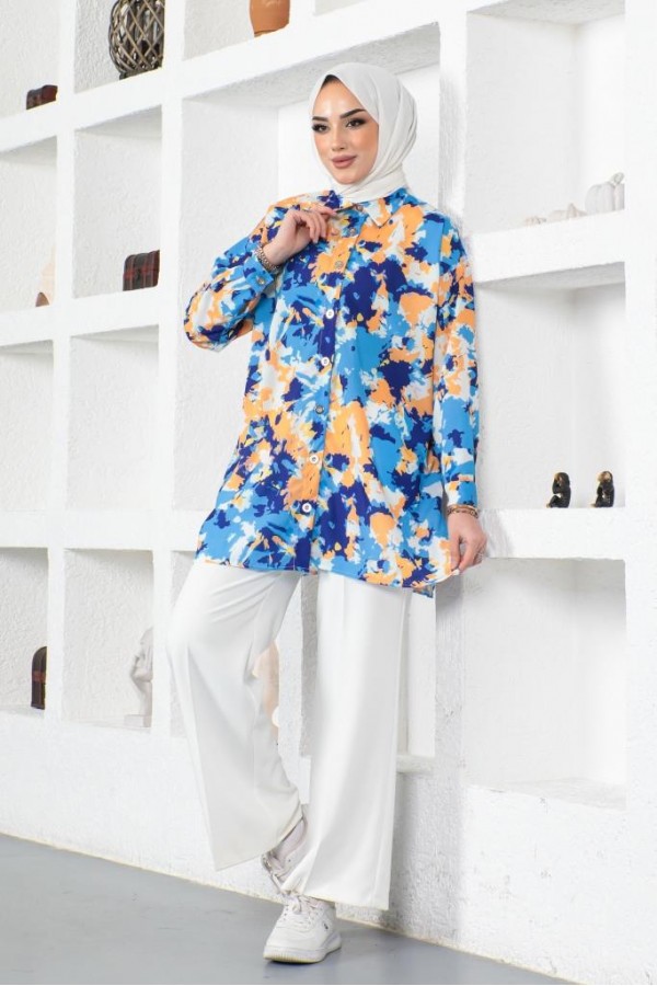 Desenli Tesettür Gömlek Saks Mavisi 8890 Desenli Tesettür Gömlek Saks Mavisi 8890