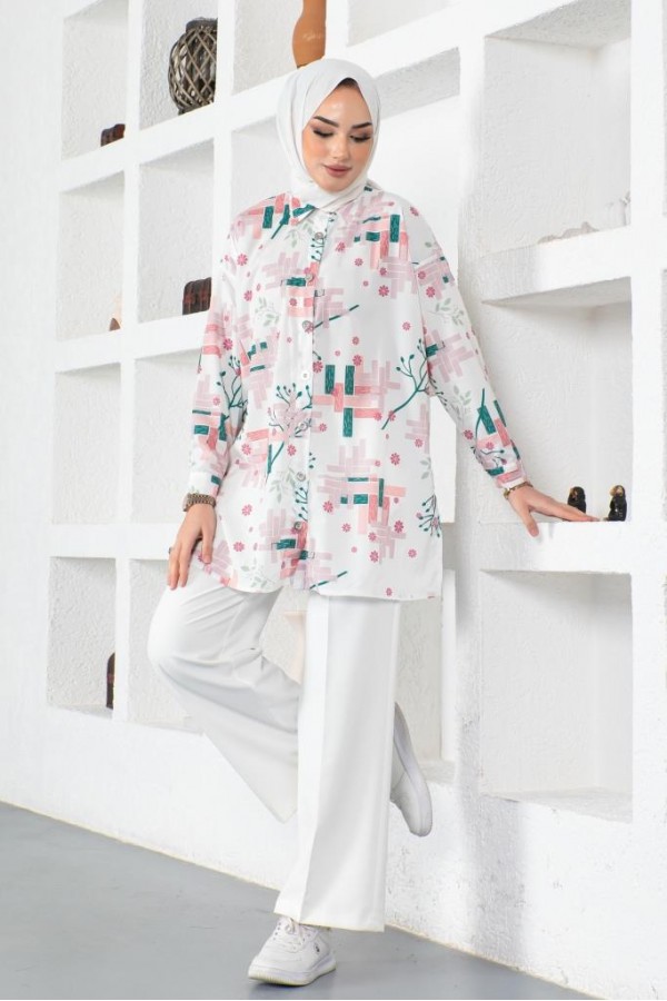 Desenli Tesettür Gömlek Pudra 8891 Desenli Tesettür Gömlek Pudra 8891