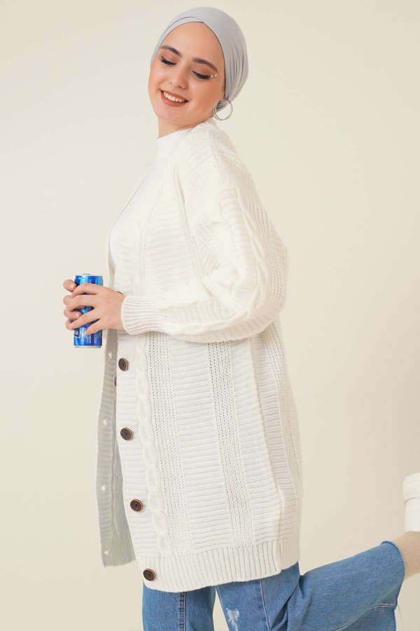  Örgü Desenli Önden Düğmeli Hırka Ekru 6999