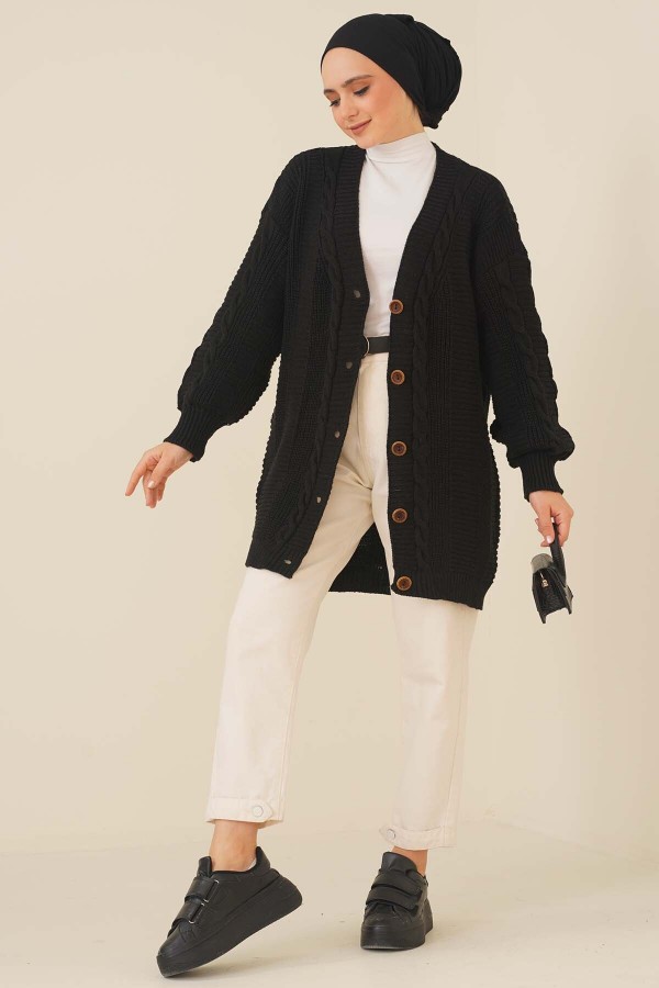 Örgü Desenli Önden Düğmeli Hırka Siyah 6999 Örgü Desenli Önden Düğmeli Hırka Siyah 6999