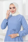 Sıfır Yaka Beli Kuşaklı Tesettür Elbise Açık Mavi 411 Sıfır Yaka Beli Kuşaklı Tesettür Elbise Açık Mavi 411