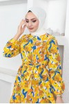  Desenli Tesettür Elbise Sarı 439