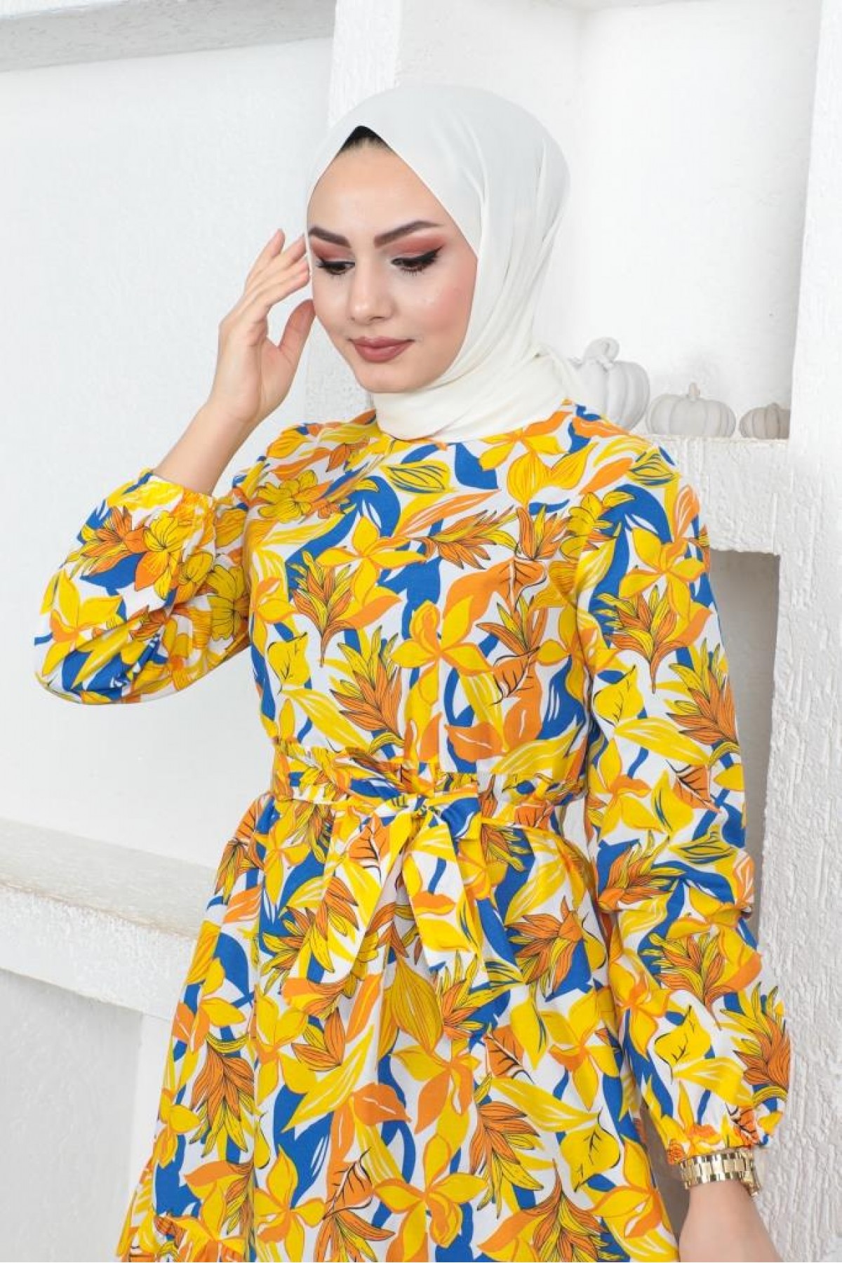 Desenli Tesettür Elbise Sarı 439