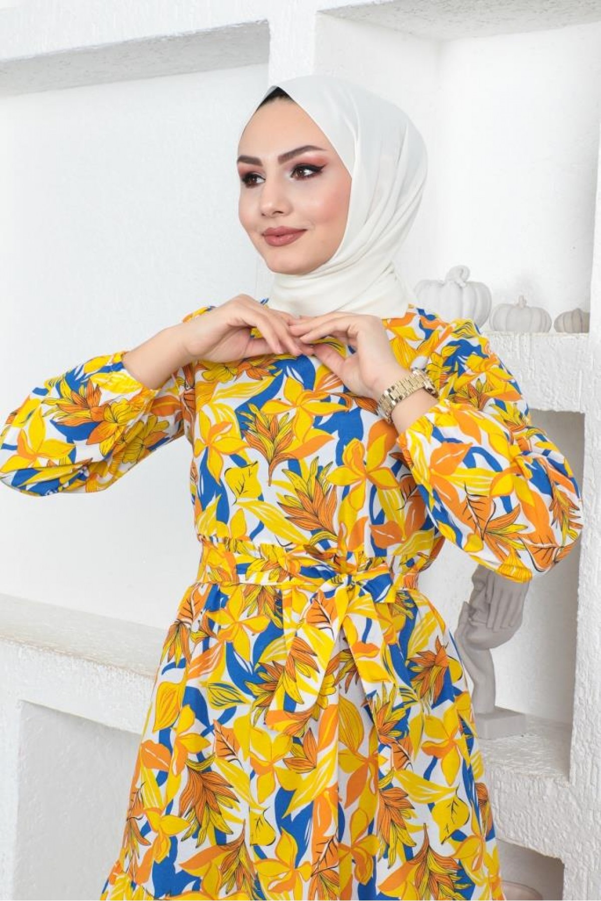  Desenli Tesettür Elbise Sarı 439