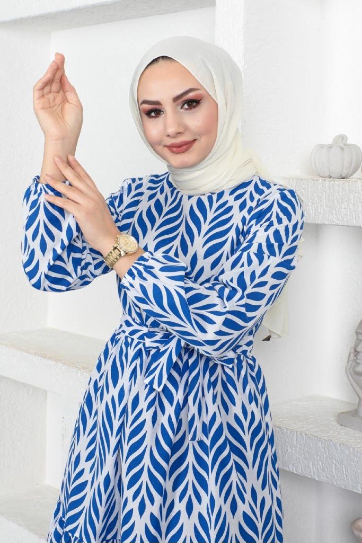 Desenli Tesettür Elbise Mavi 440 Desenli Tesettür Elbise Mavi 440