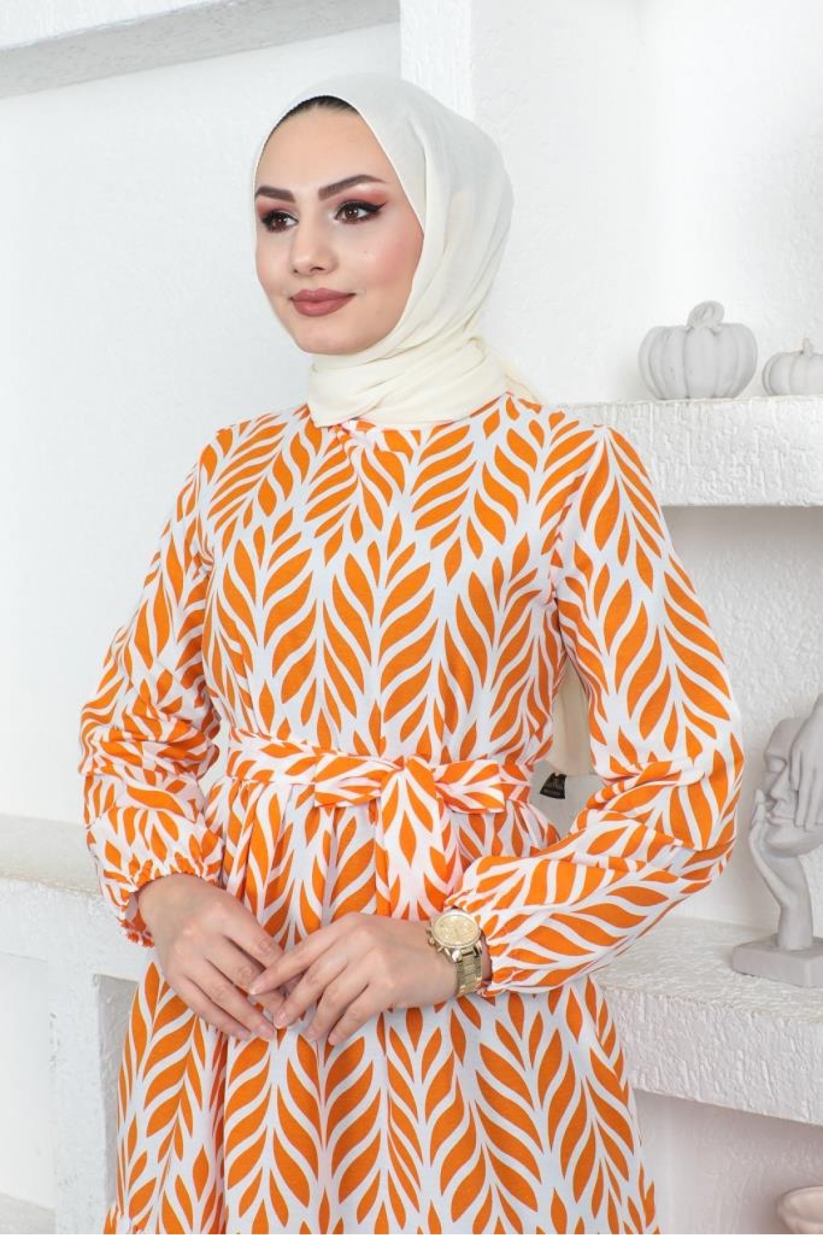 Desenli Tesettür Elbise Oranj 440 Desenli Tesettür Elbise Oranj 440