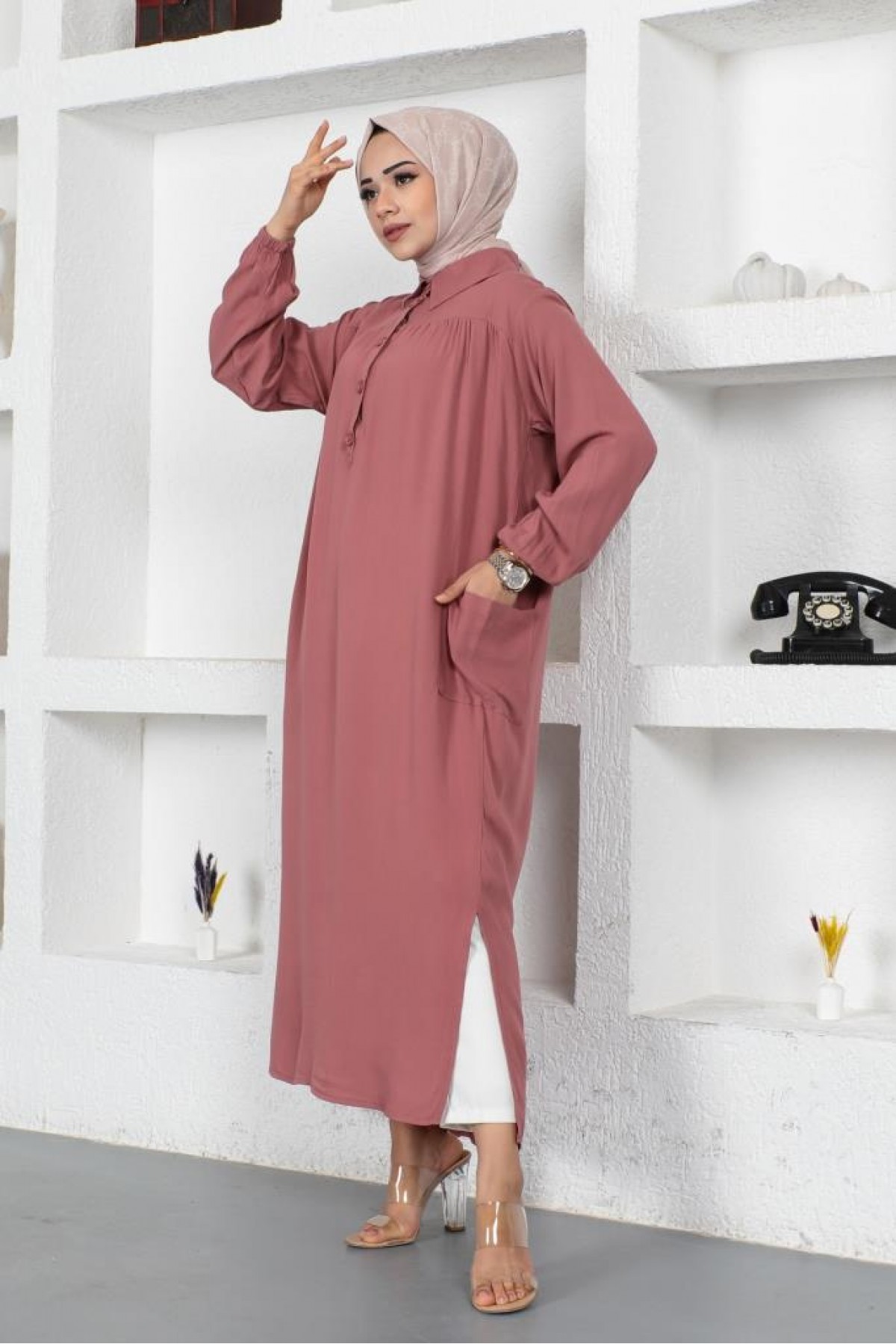  Yanları Yırtmaç Robalı Tam Boy Tunik Gül Kurusu 8222