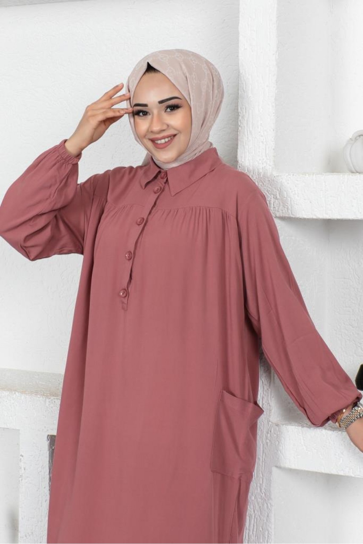  Yanları Yırtmaç Robalı Tam Boy Tunik Gül Kurusu 8222