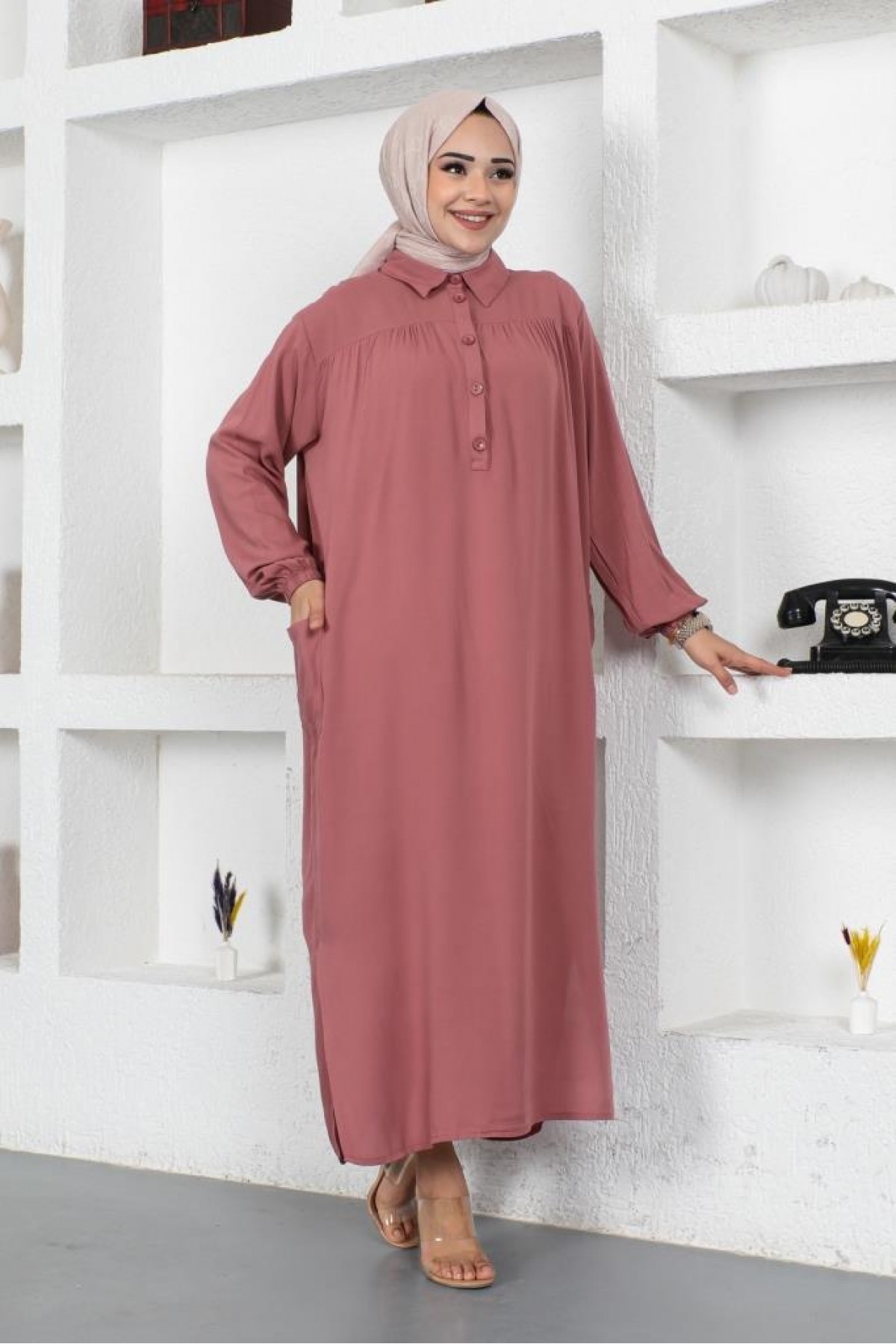 Yanları Yırtmaç Robalı Tam Boy Tunik Gül Kurusu 8222