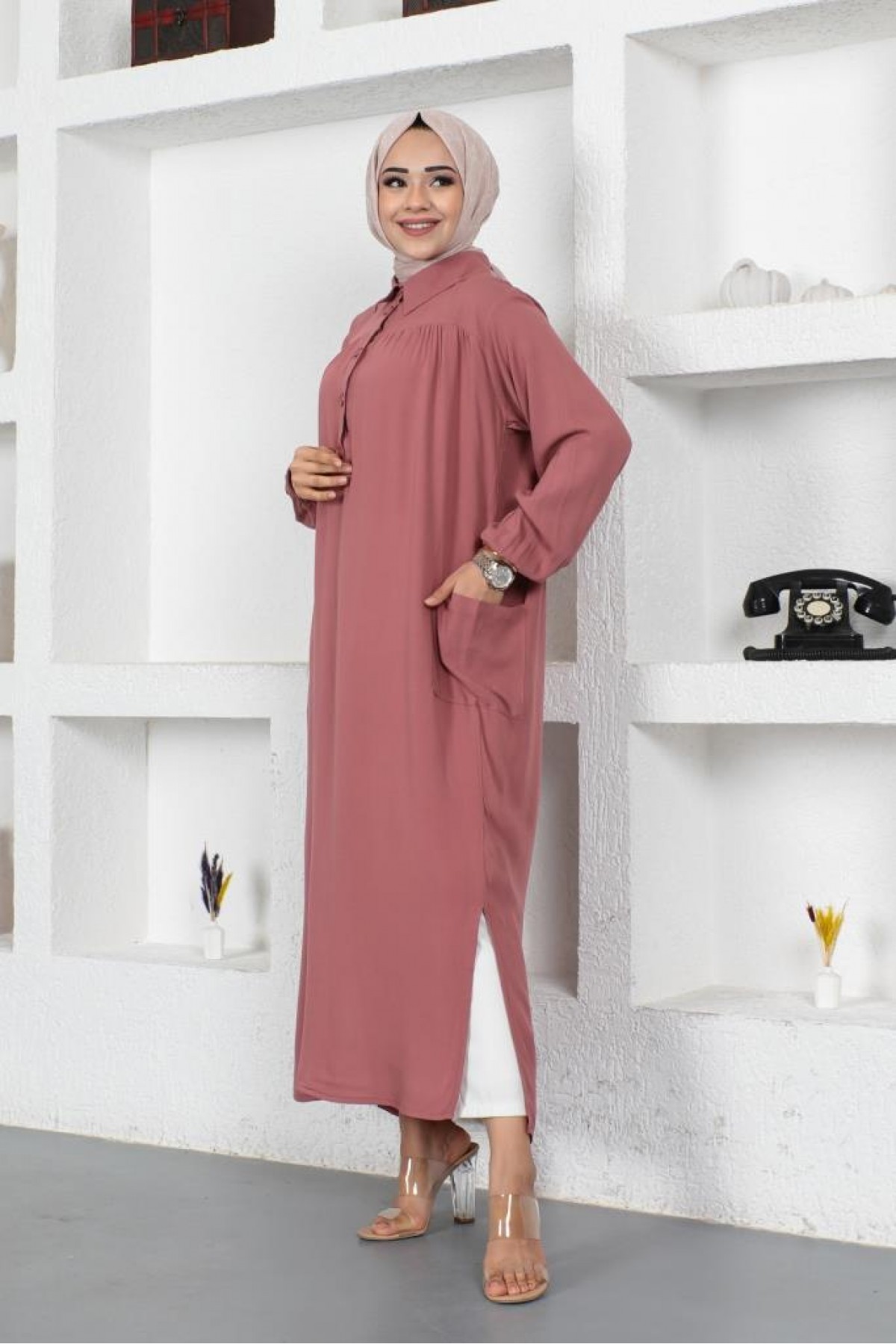  Yanları Yırtmaç Robalı Tam Boy Tunik Gül Kurusu 8222