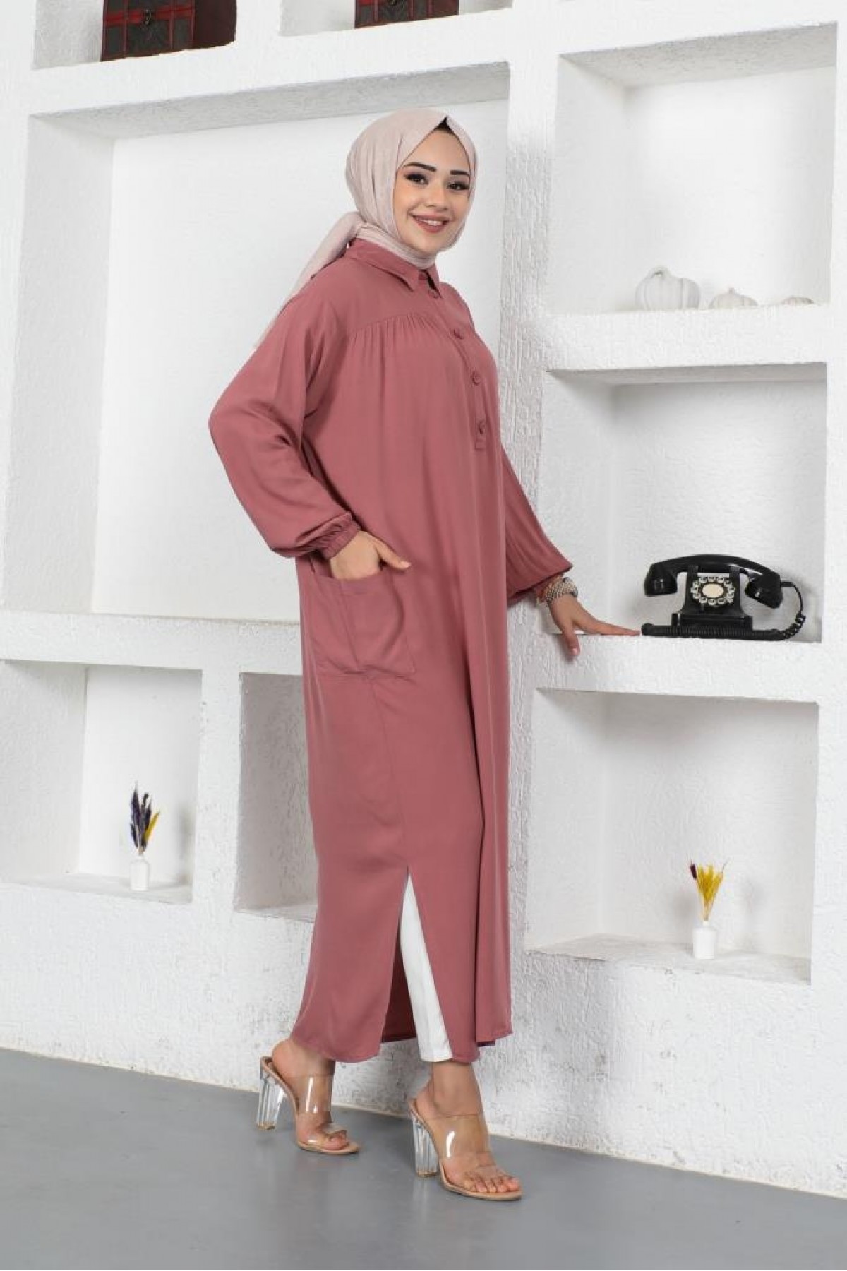  Yanları Yırtmaç Robalı Tam Boy Tunik Gül Kurusu 8222