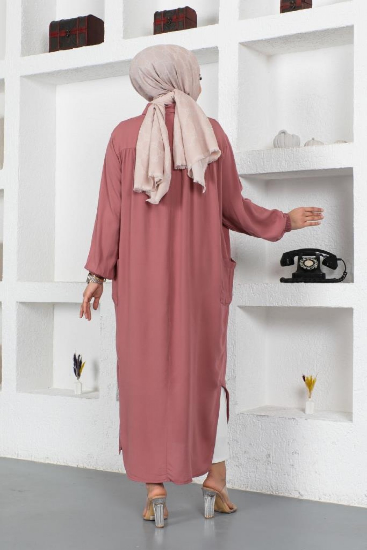  Yanları Yırtmaç Robalı Tam Boy Tunik Gül Kurusu 8222