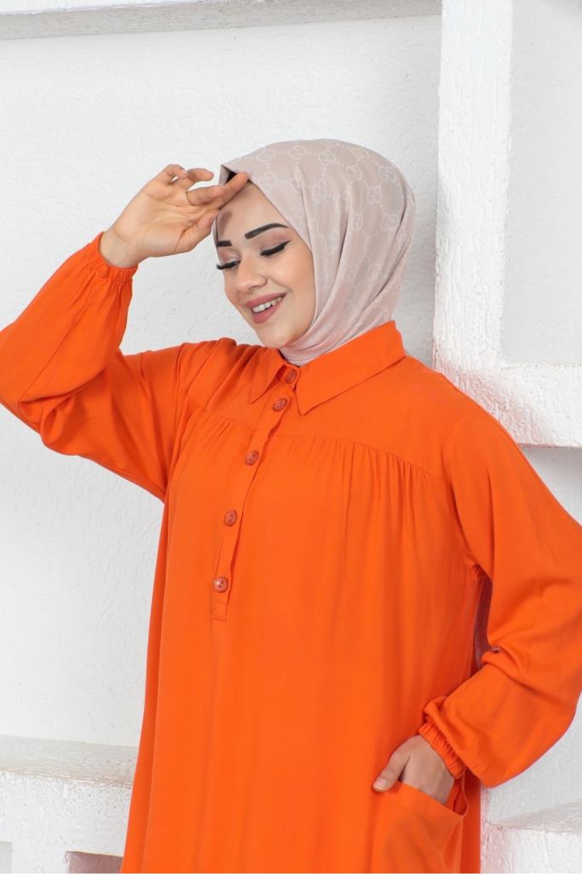 Yanları Yırtmaç Robalı Tam Boy Tunik Oranj 8222 Yanları Yırtmaç Robalı Tam Boy Tunik Oranj 8222