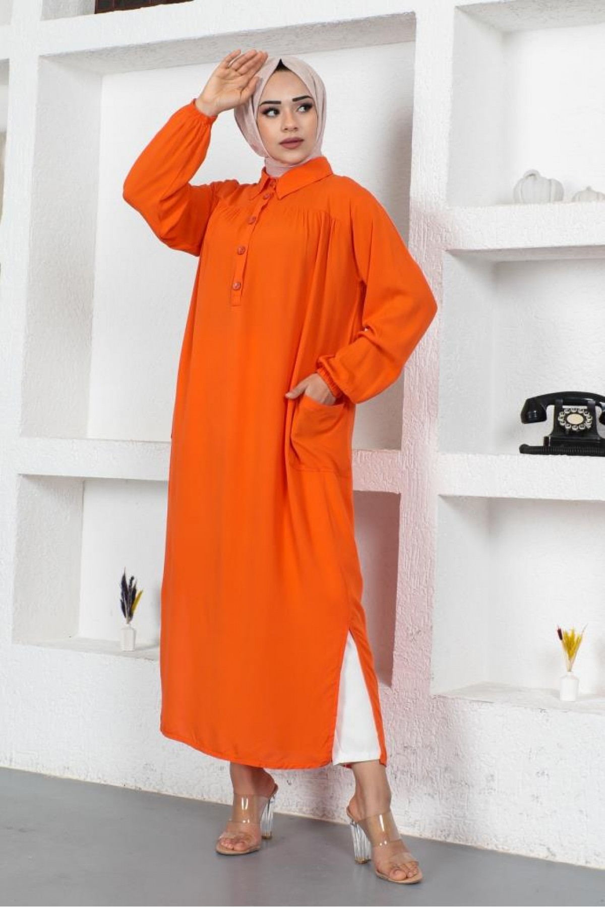 Yanları Yırtmaç Robalı Tam Boy Tunik Oranj 8222 Yanları Yırtmaç Robalı Tam Boy Tunik Oranj 8222