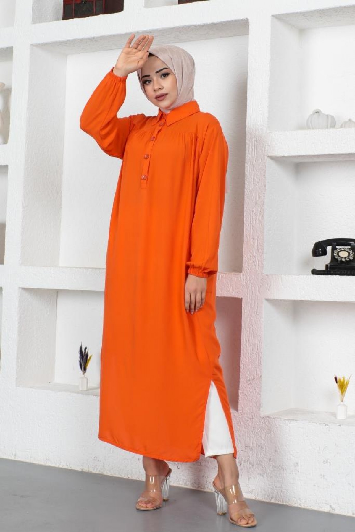 Yanları Yırtmaç Robalı Tam Boy Tunik Oranj 8222 Yanları Yırtmaç Robalı Tam Boy Tunik Oranj 8222