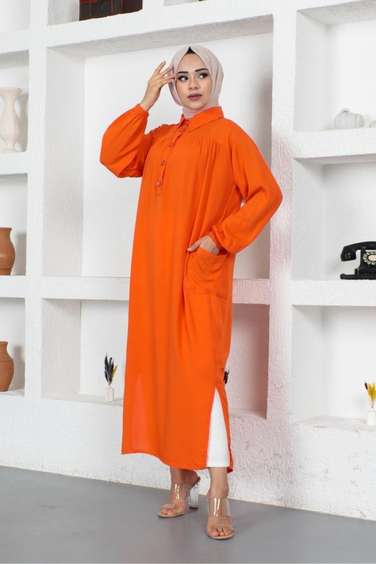 Yanları Yırtmaç Robalı Tam Boy Tunik Oranj 8222 Yanları Yırtmaç Robalı Tam Boy Tunik Oranj 8222
