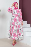 Büyük Çiçek Desenli Tesettür Elbise Pembe 448 Büyük Çiçek Desenli Tesettür Elbise Pembe 448