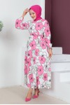 Büyük Çiçek Desenli Tesettür Elbise Pembe 448 Büyük Çiçek Desenli Tesettür Elbise Pembe 448
