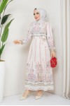 Desenli Keten Tesettür Elbise Pembe 8181 Desenli Keten Tesettür Elbise Pembe 8181