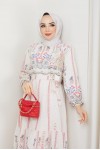 Desenli Keten Tesettür Elbise Pembe 8181 Desenli Keten Tesettür Elbise Pembe 8181