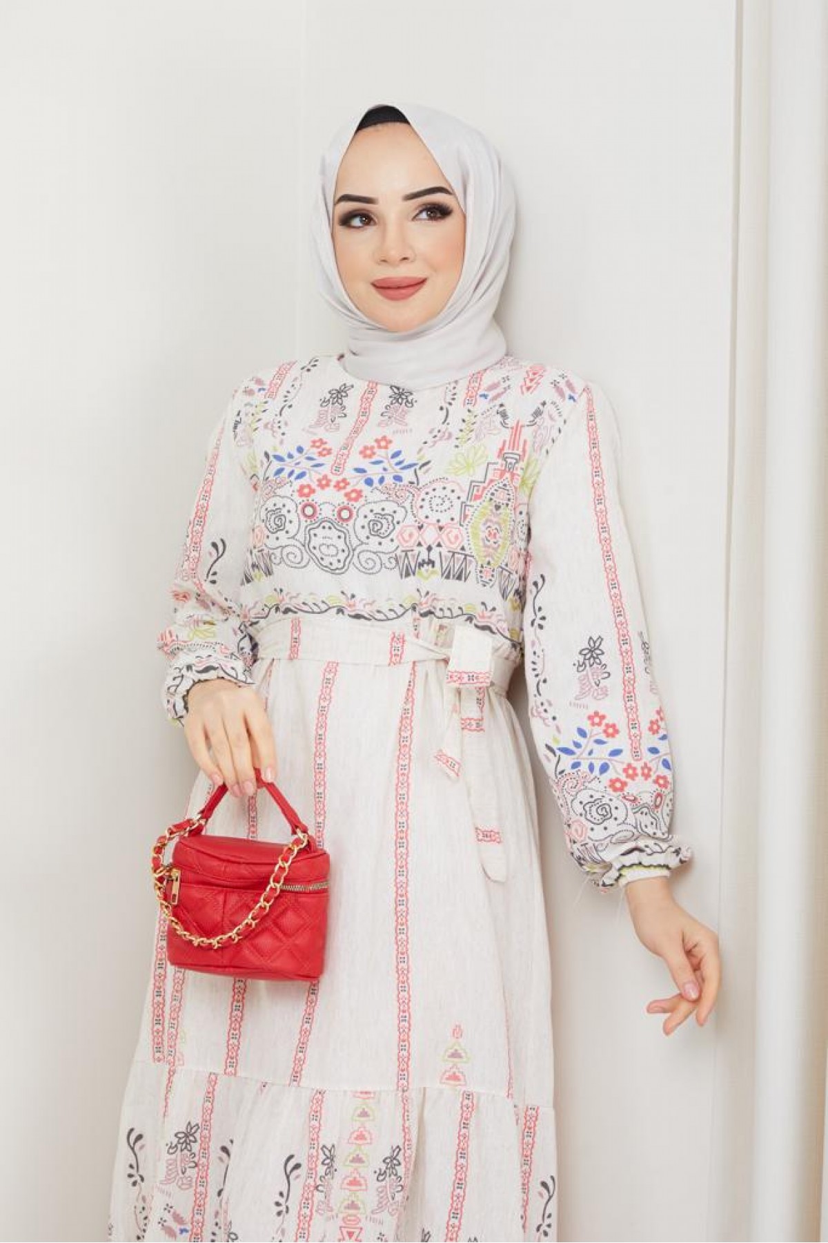 Desenli Keten Tesettür Elbise Pembe 8181 Desenli Keten Tesettür Elbise Pembe 8181
