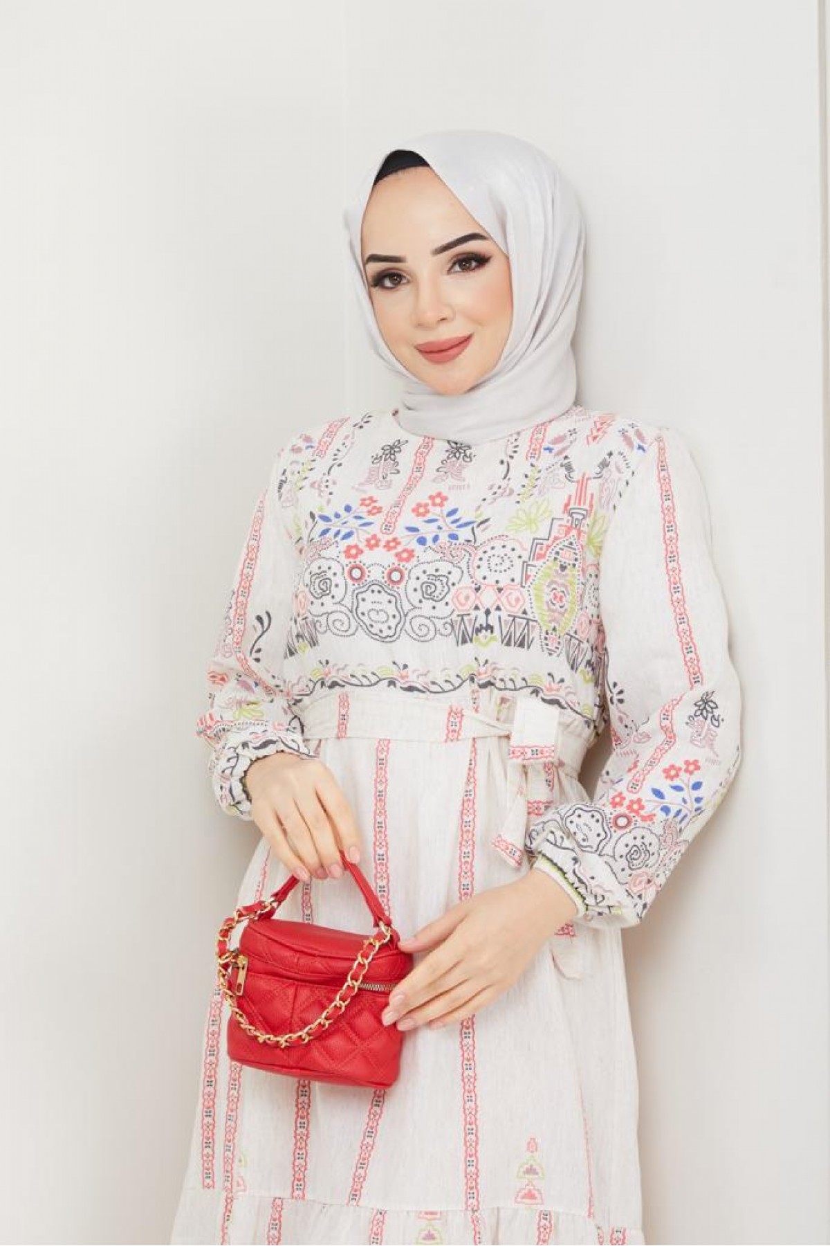 Desenli Keten Tesettür Elbise Pembe 8181 Desenli Keten Tesettür Elbise Pembe 8181