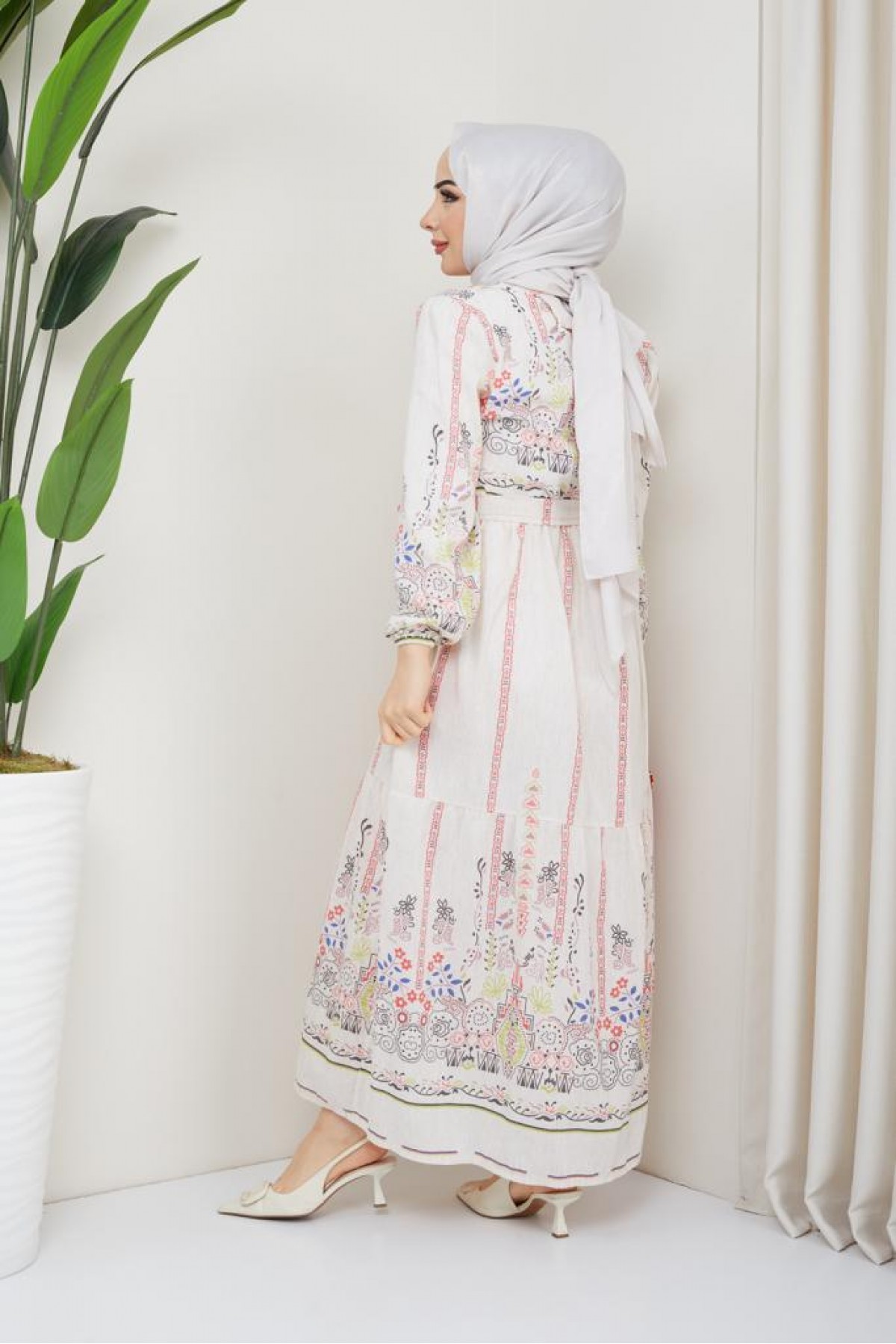 Desenli Keten Tesettür Elbise Pembe 8181 Desenli Keten Tesettür Elbise Pembe 8181