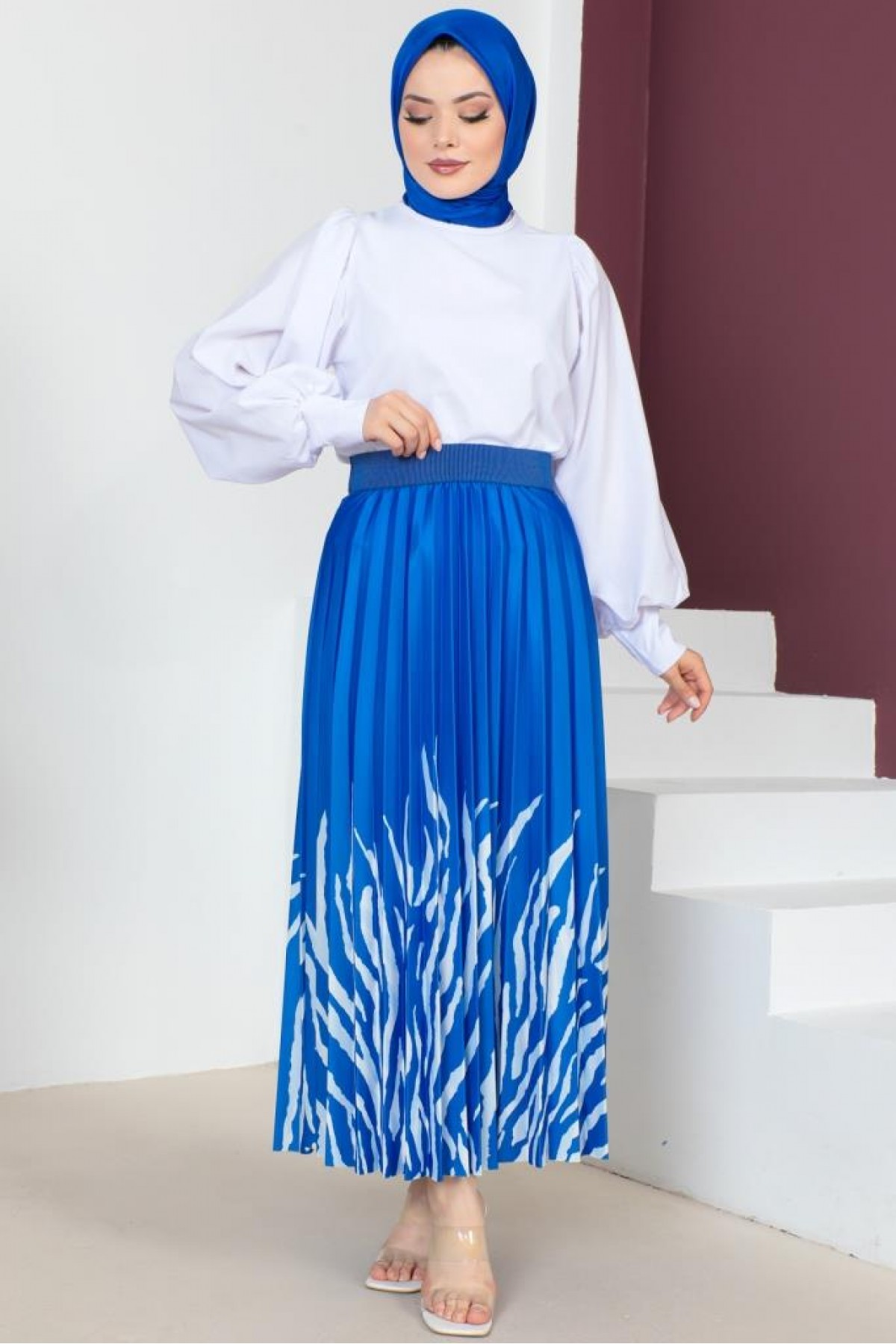 Desenli Tesettür Etek Saks Mavisi 4556 Desenli Tesettür Etek Saks Mavisi 4556