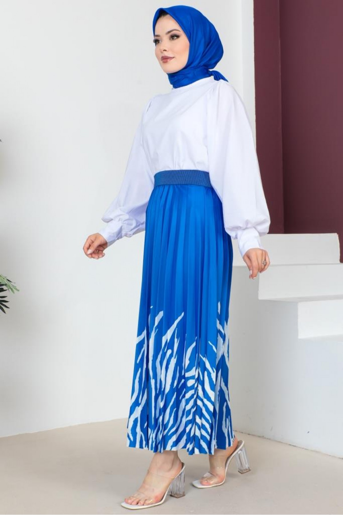 Desenli Tesettür Etek Saks Mavisi 4556 Desenli Tesettür Etek Saks Mavisi 4556
