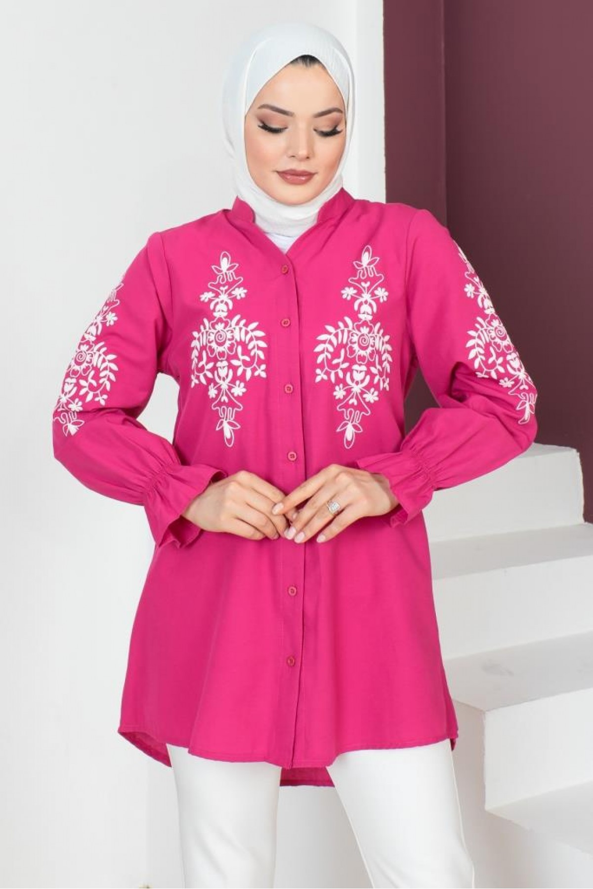  Kolları Ve Ğöğsü Flok Baskılı Gömlek Fuşya 61489