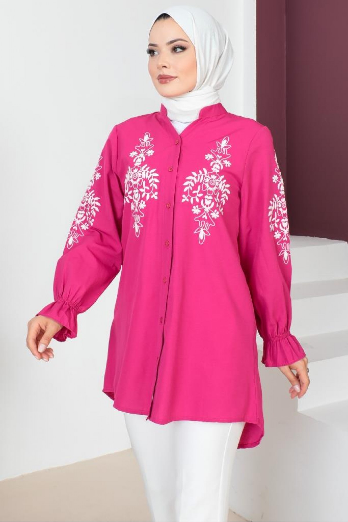  Kolları Ve Ğöğsü Flok Baskılı Gömlek Fuşya 61489