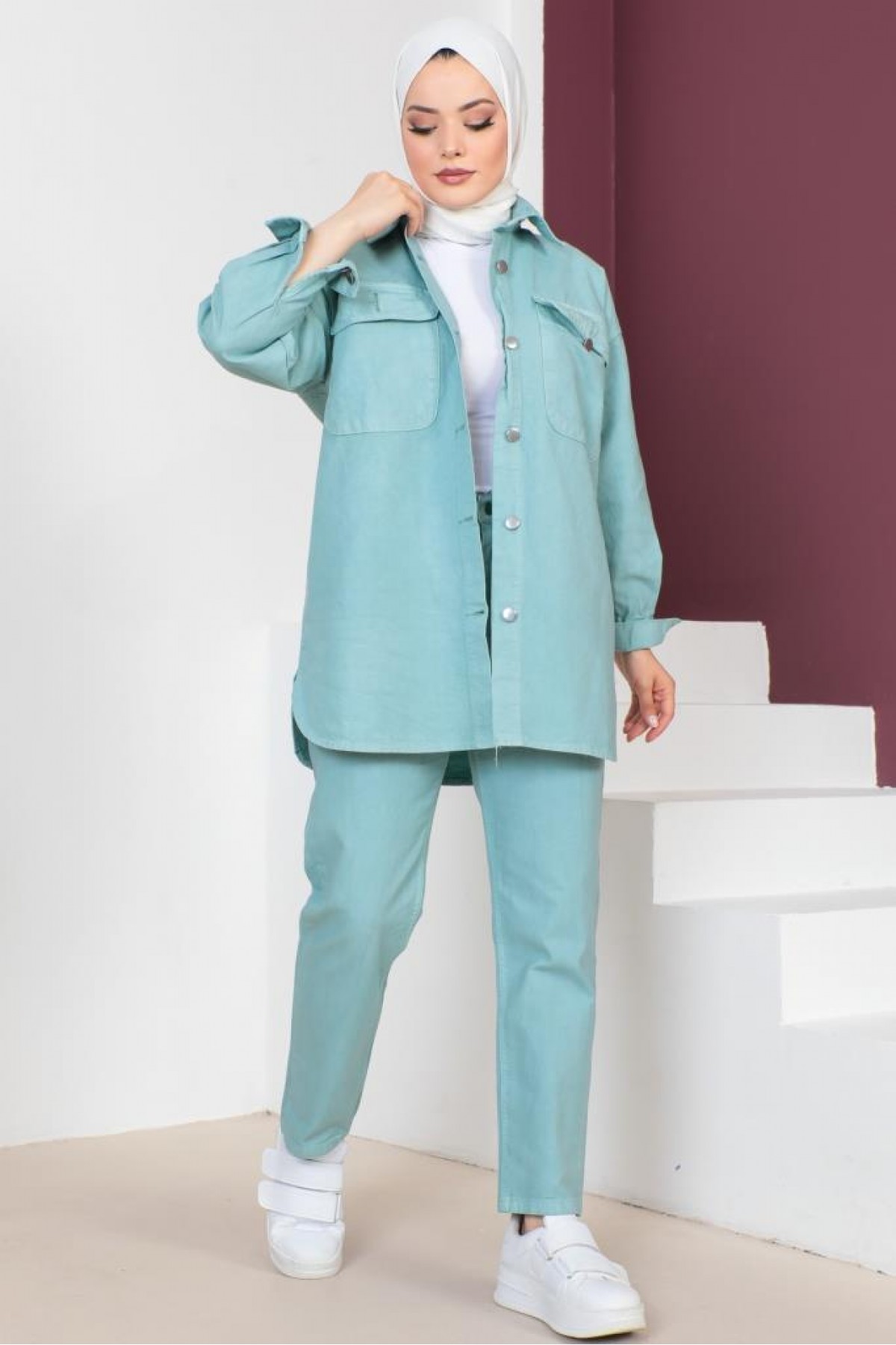 Ceket Pantolon Tesettür İkili Kot Takım Mint Yeşili 8175 Ceket Pantolon Tesettür İkili Kot Takım Mint Yeşili 8175
