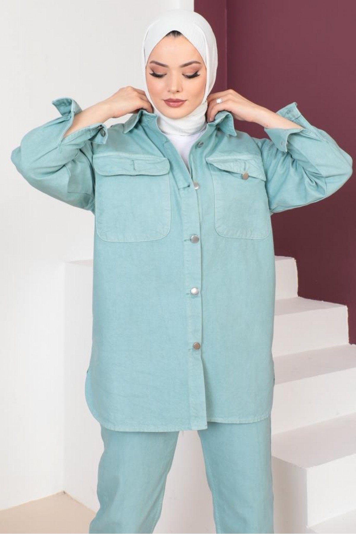 Ceket Pantolon Tesettür İkili Kot Takım Mint Yeşili 8175 Ceket Pantolon Tesettür İkili Kot Takım Mint Yeşili 8175