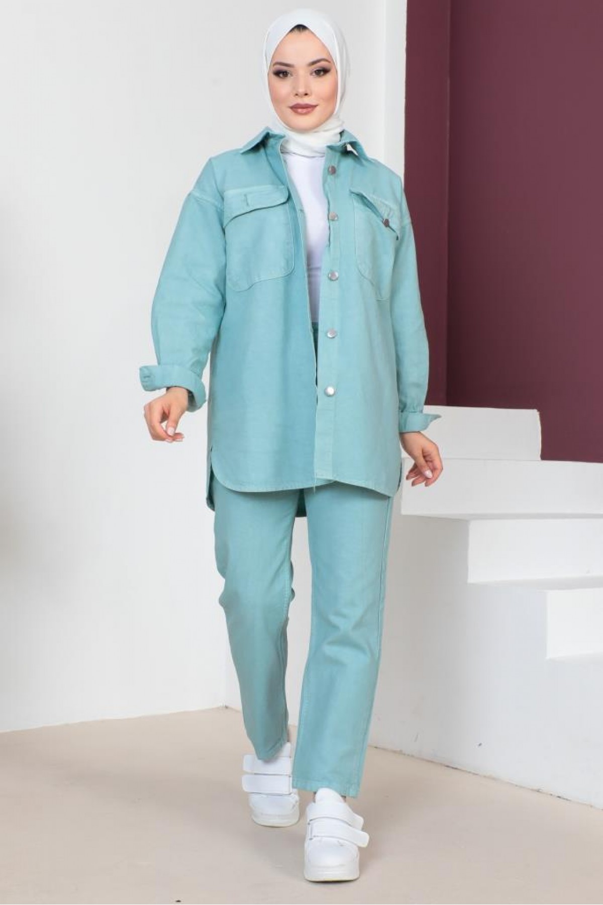 Ceket Pantolon Tesettür İkili Kot Takım Mint Yeşili 8175 Ceket Pantolon Tesettür İkili Kot Takım Mint Yeşili 8175