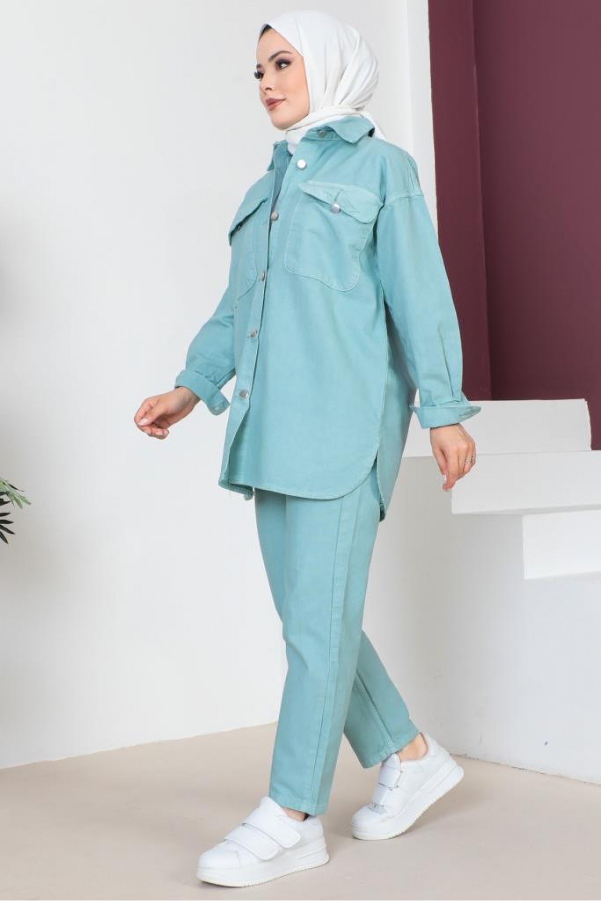 Ceket Pantolon Tesettür İkili Kot Takım Mint Yeşili 8175 Ceket Pantolon Tesettür İkili Kot Takım Mint Yeşili 8175