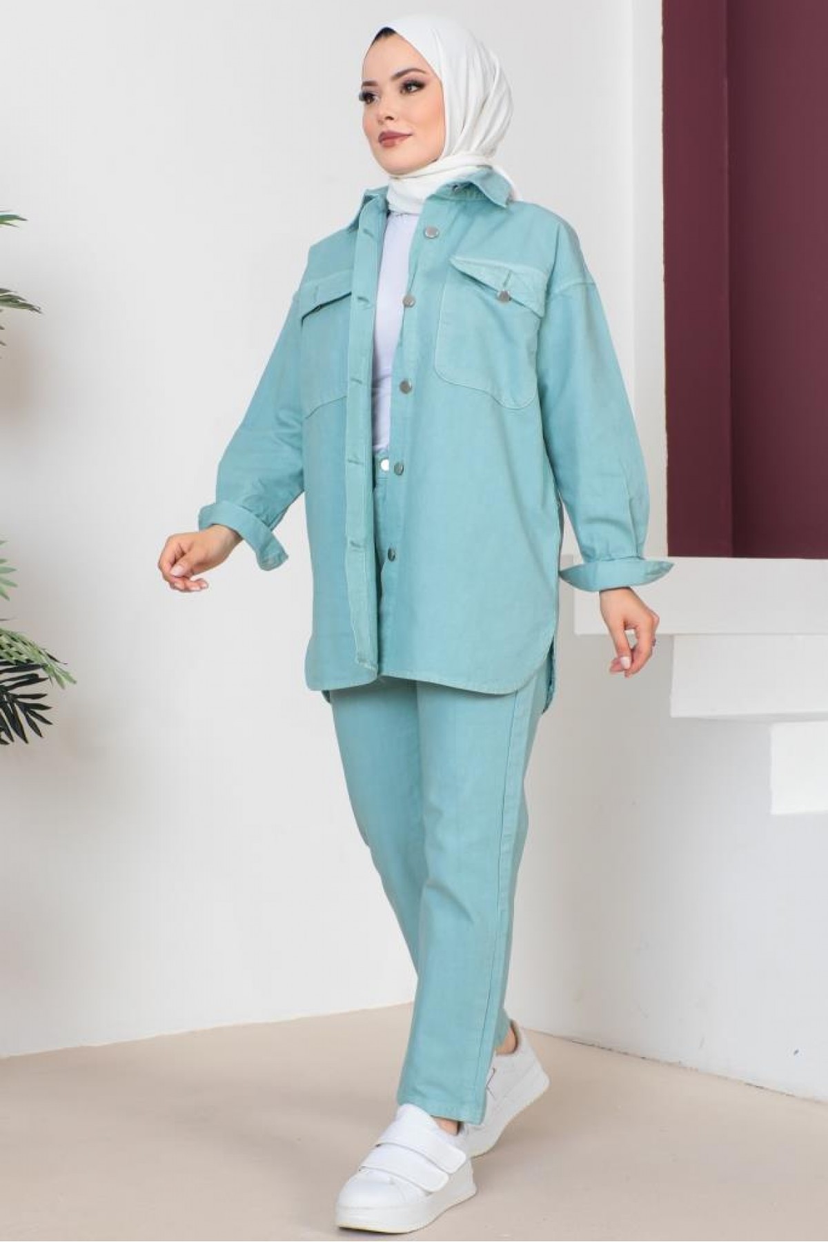 Ceket Pantolon Tesettür İkili Kot Takım Mint Yeşili 8175 Ceket Pantolon Tesettür İkili Kot Takım Mint Yeşili 8175